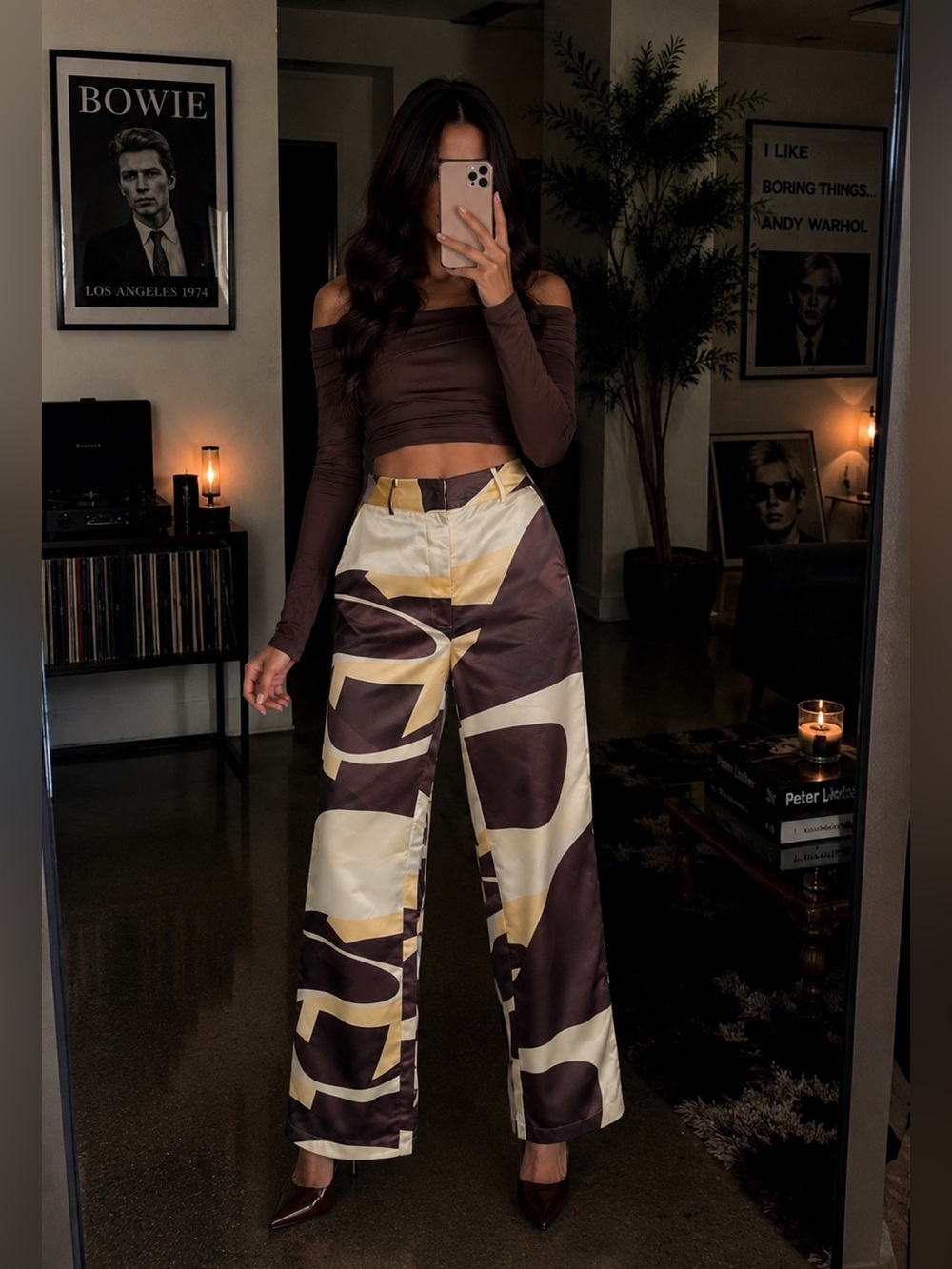 House of Sunny High Way Print Satin Flared Pants Trousers Womens US 4 NWT